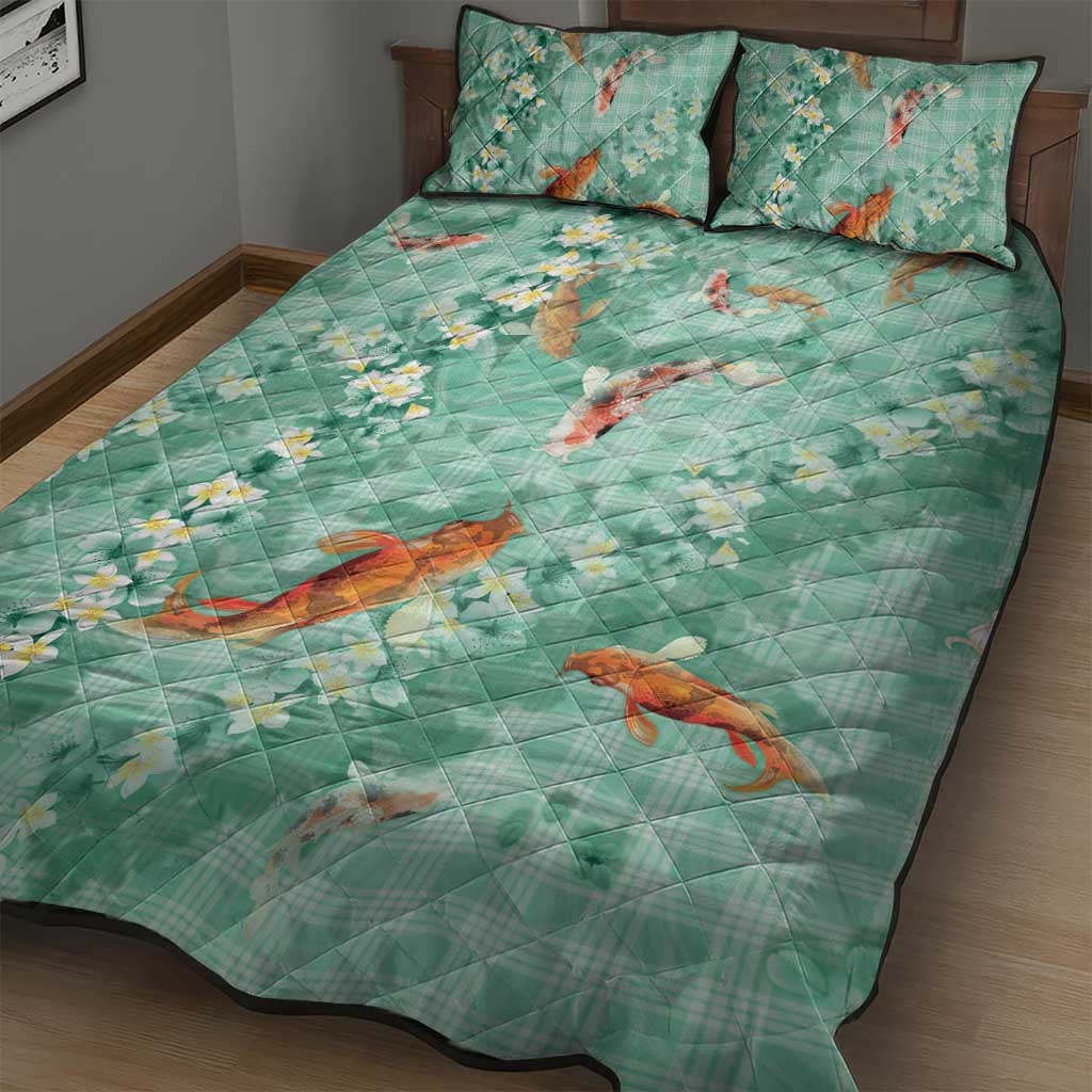 Green Palaka Hawaiian And Japanese Quilt Bed Set Sakura Lei With Koi Fish - Polynesian Pride