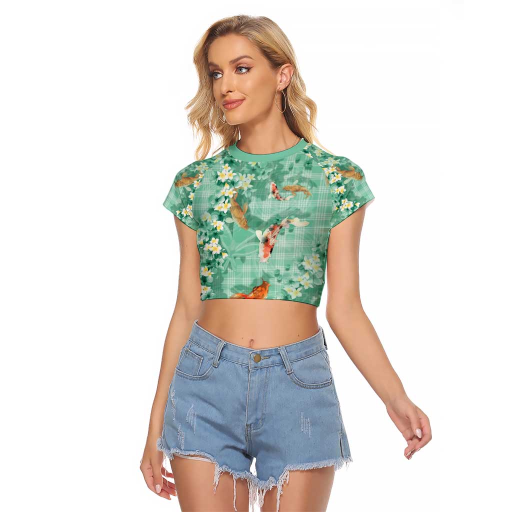 Green Palaka Hawaiian And Japanese Raglan Cropped T Shirt Sakura Lei With Koi Fish - Polynesian Pride