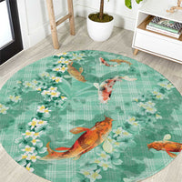 Green Palaka Hawaiian And Japanese Round Carpet Sakura Lei With Koi Fish - Polynesian Pride