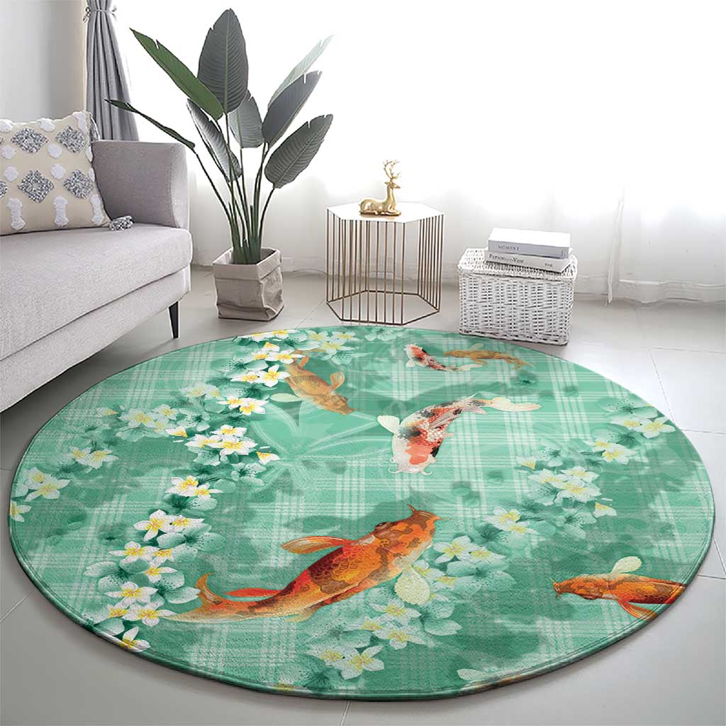 Green Palaka Hawaiian And Japanese Round Carpet Sakura Lei With Koi Fish - Polynesian Pride