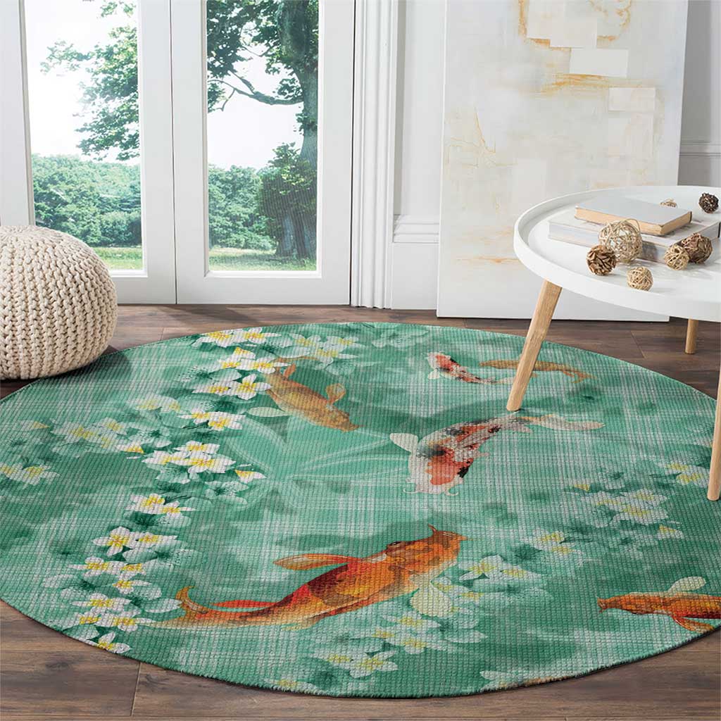 Green Palaka Hawaiian And Japanese Round Carpet Sakura Lei With Koi Fish - Polynesian Pride