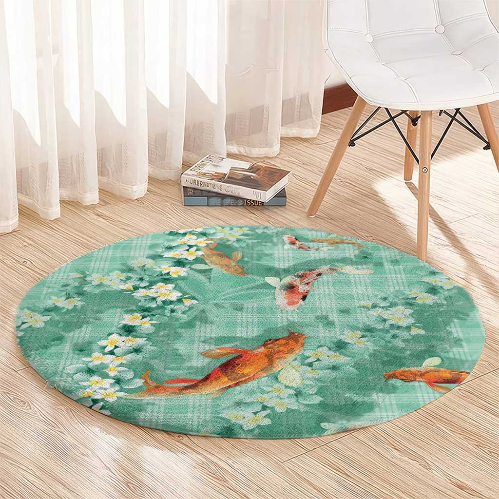 Green Palaka Hawaiian And Japanese Round Carpet Sakura Lei With Koi Fish - Polynesian Pride