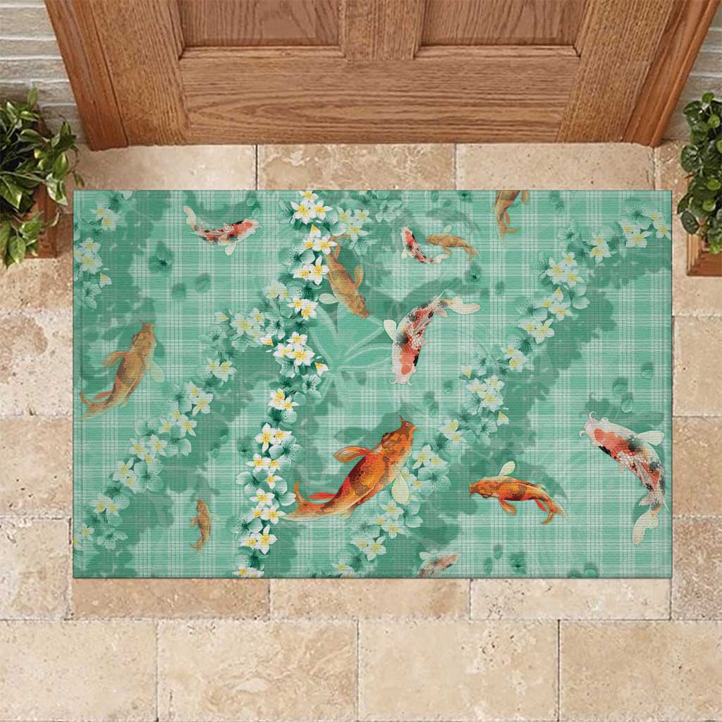 Green Palaka Hawaiian And Japanese Rubber Doormat Sakura Lei With Koi Fish - Polynesian Pride