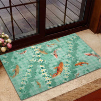 Green Palaka Hawaiian And Japanese Rubber Doormat Sakura Lei With Koi Fish - Polynesian Pride