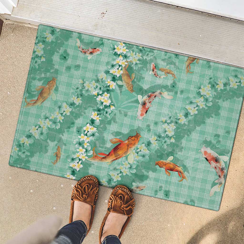 Green Palaka Hawaiian And Japanese Rubber Doormat Sakura Lei With Koi Fish - Polynesian Pride