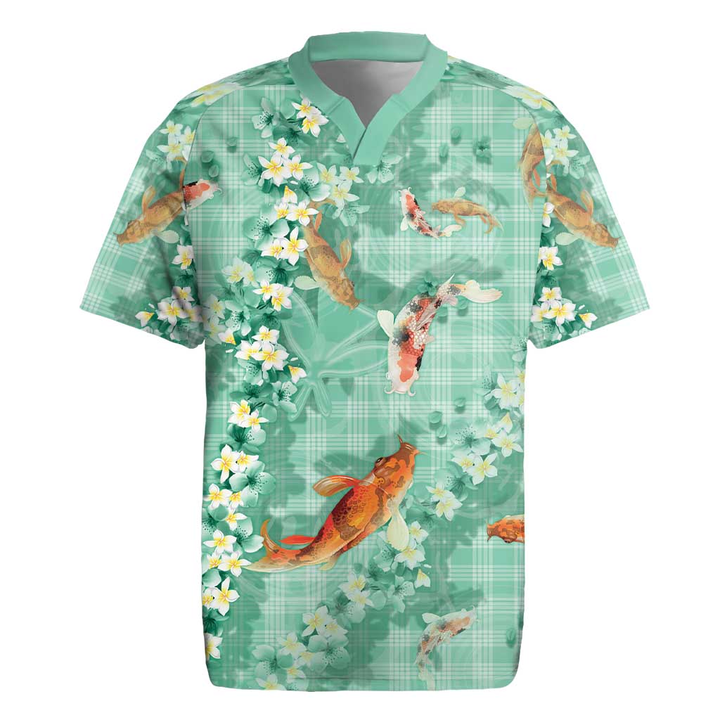 Green Palaka Hawaiian And Japanese Rugby Jersey Sakura Lei With Koi Fish - Polynesian Pride