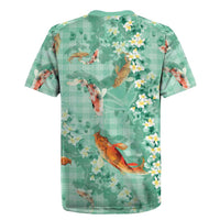 Green Palaka Hawaiian And Japanese Rugby Jersey Sakura Lei With Koi Fish - Polynesian Pride