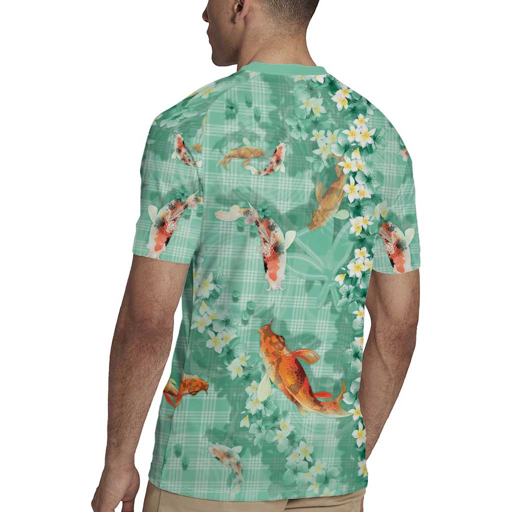 Green Palaka Hawaiian And Japanese Rugby Jersey Sakura Lei With Koi Fish - Polynesian Pride