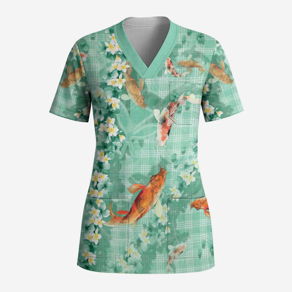 Green Palaka Hawaiian And Japanese Scrub Top Sakura Lei With Koi Fish - Polynesian Pride