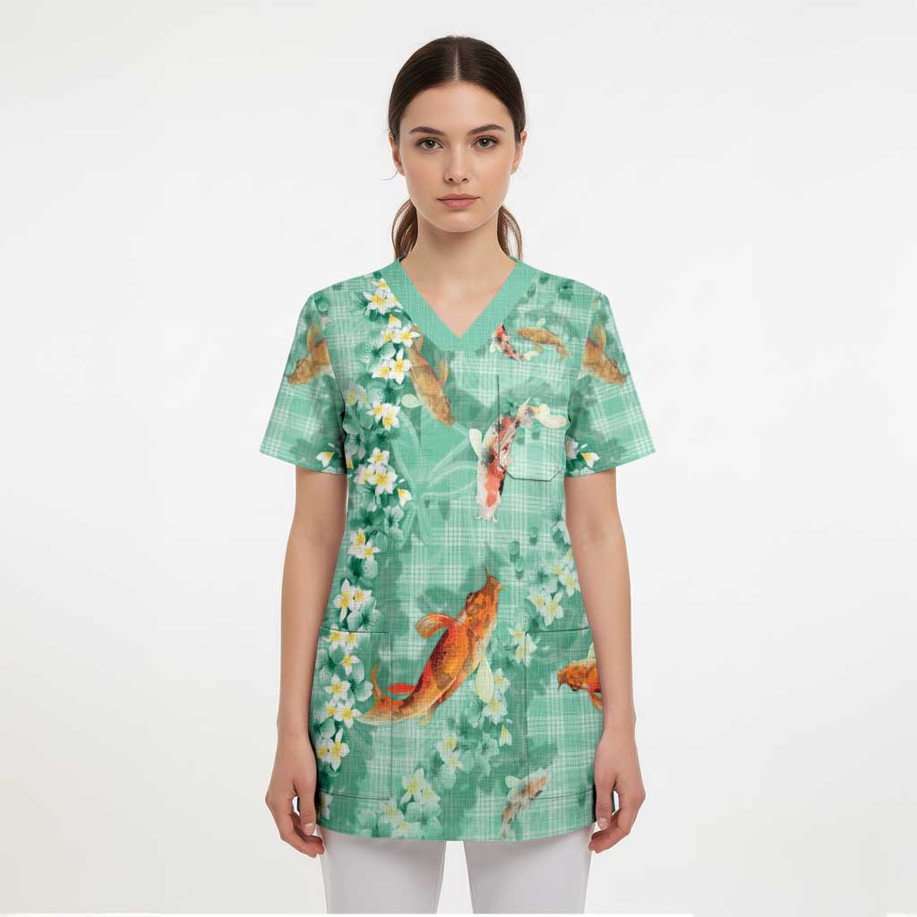 Green Palaka Hawaiian And Japanese Scrub Top Sakura Lei With Koi Fish - Polynesian Pride