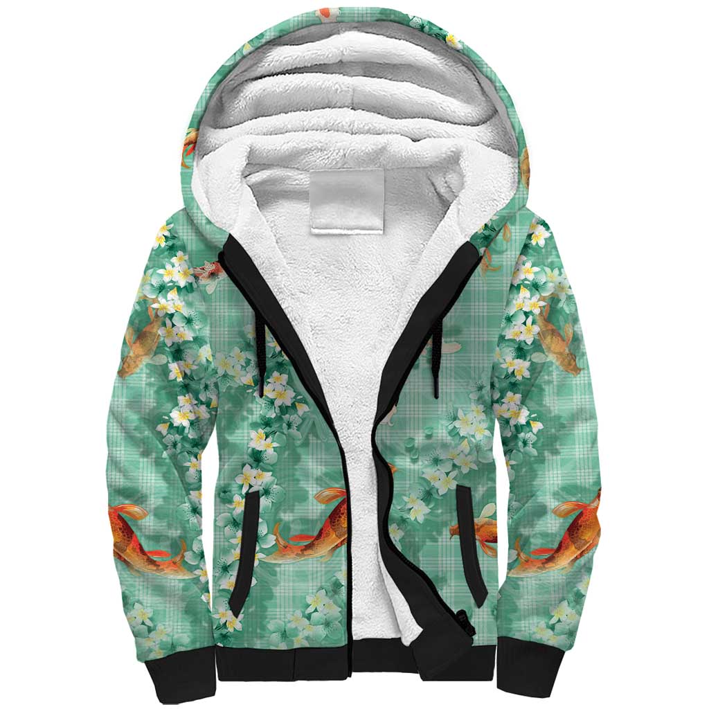 Green Palaka Hawaiian And Japanese Sherpa Hoodie Sakura Lei With Koi Fish - Polynesian Pride