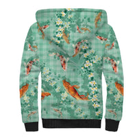 Green Palaka Hawaiian And Japanese Sherpa Hoodie Sakura Lei With Koi Fish - Polynesian Pride