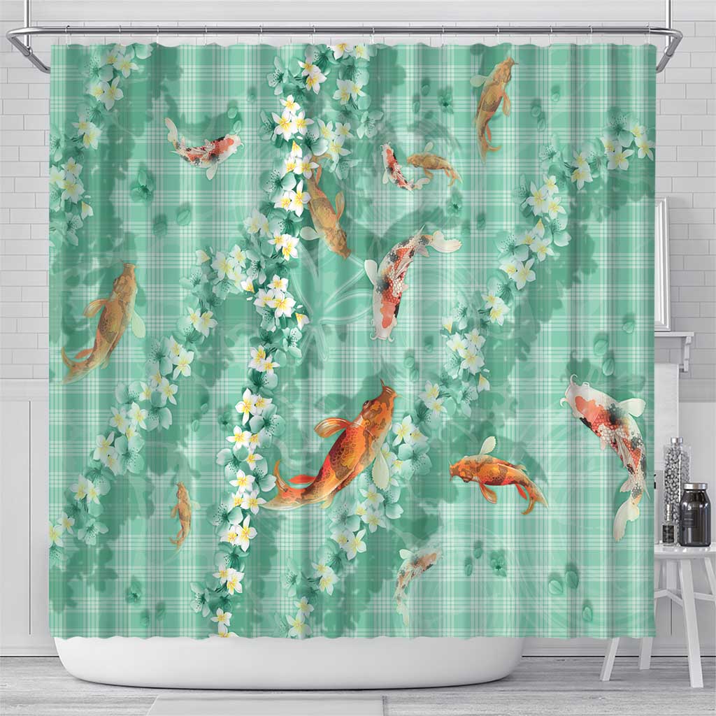 Green Palaka Hawaiian And Japanese Shower Curtain Sakura Lei With Koi Fish - Polynesian Pride