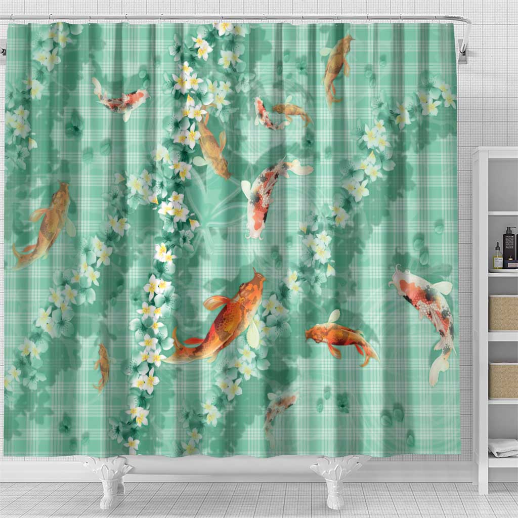 Green Palaka Hawaiian And Japanese Shower Curtain Sakura Lei With Koi Fish - Polynesian Pride