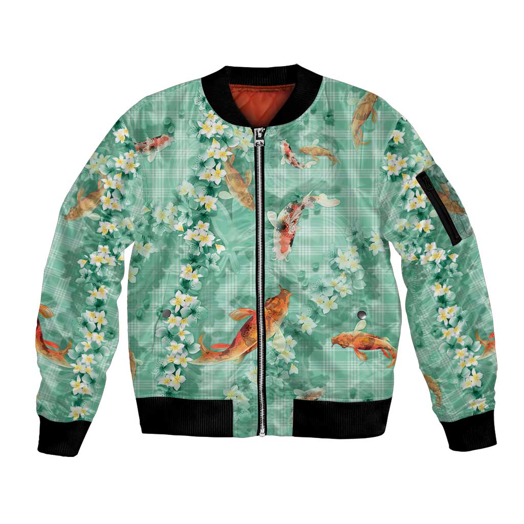 Green Palaka Hawaiian And Japanese Sleeve Zip Bomber Jacket Sakura Lei With Koi Fish - Polynesian Pride
