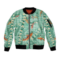 Green Palaka Hawaiian And Japanese Sleeve Zip Bomber Jacket Sakura Lei With Koi Fish - Polynesian Pride