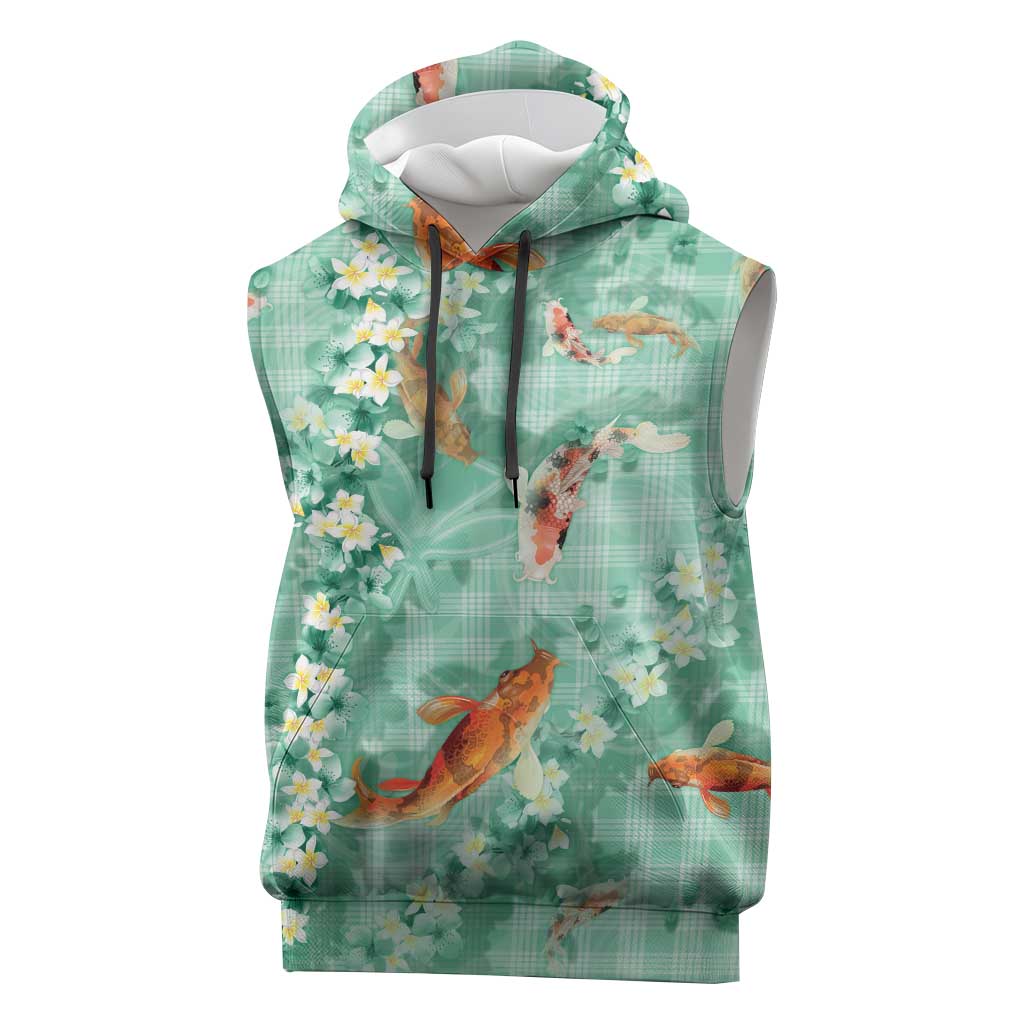 Green Palaka Hawaiian And Japanese Sleeveless Hoodie Sakura Lei With Koi Fish - Polynesian Pride