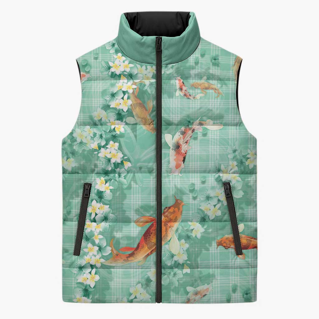 Green Palaka Hawaiian And Japanese Sleeveless Puffer Jacket Sakura Lei With Koi Fish - Polynesian Pride
