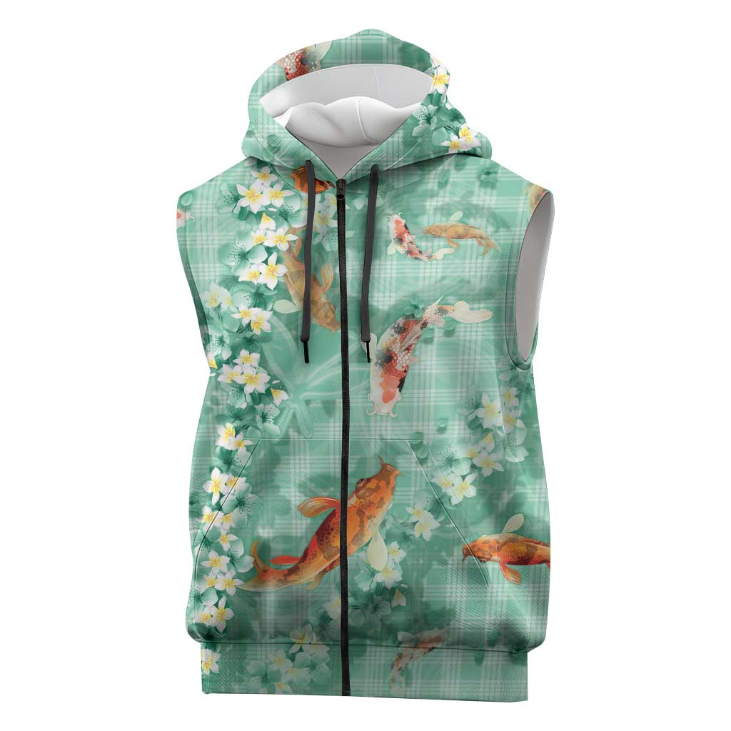 Green Palaka Hawaiian And Japanese Sleeveless Zip Hoodie Sakura Lei With Koi Fish - Polynesian Pride