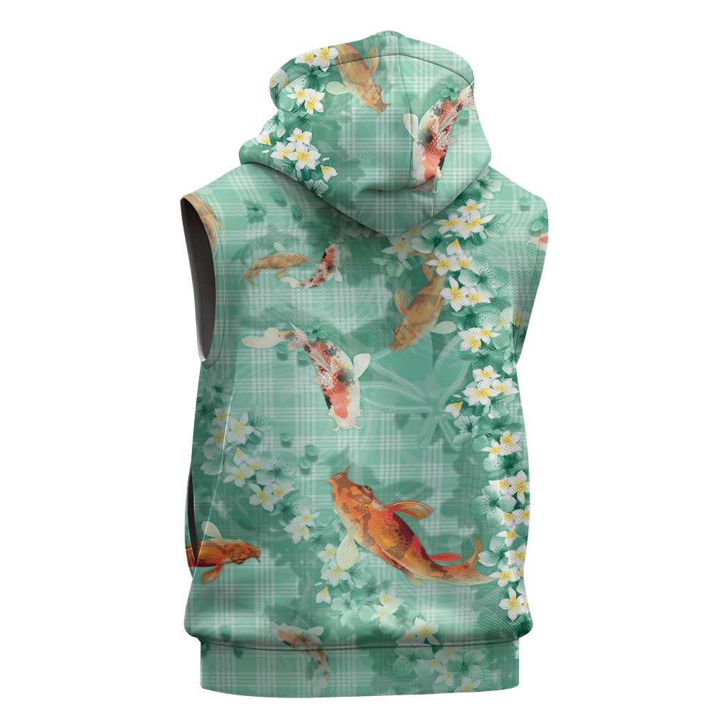 Green Palaka Hawaiian And Japanese Sleeveless Zip Hoodie Sakura Lei With Koi Fish - Polynesian Pride