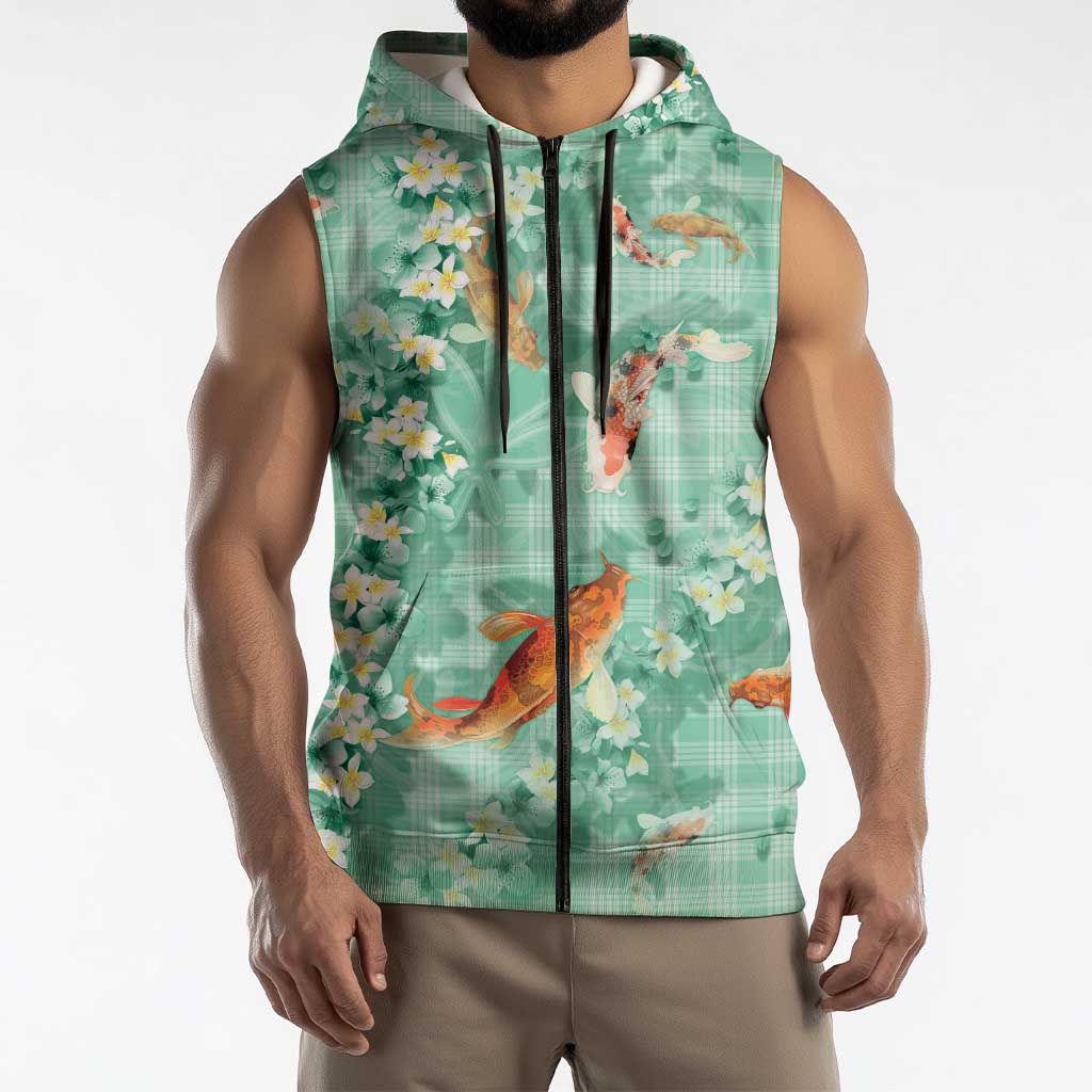 Green Palaka Hawaiian And Japanese Sleeveless Zip Hoodie Sakura Lei With Koi Fish - Polynesian Pride