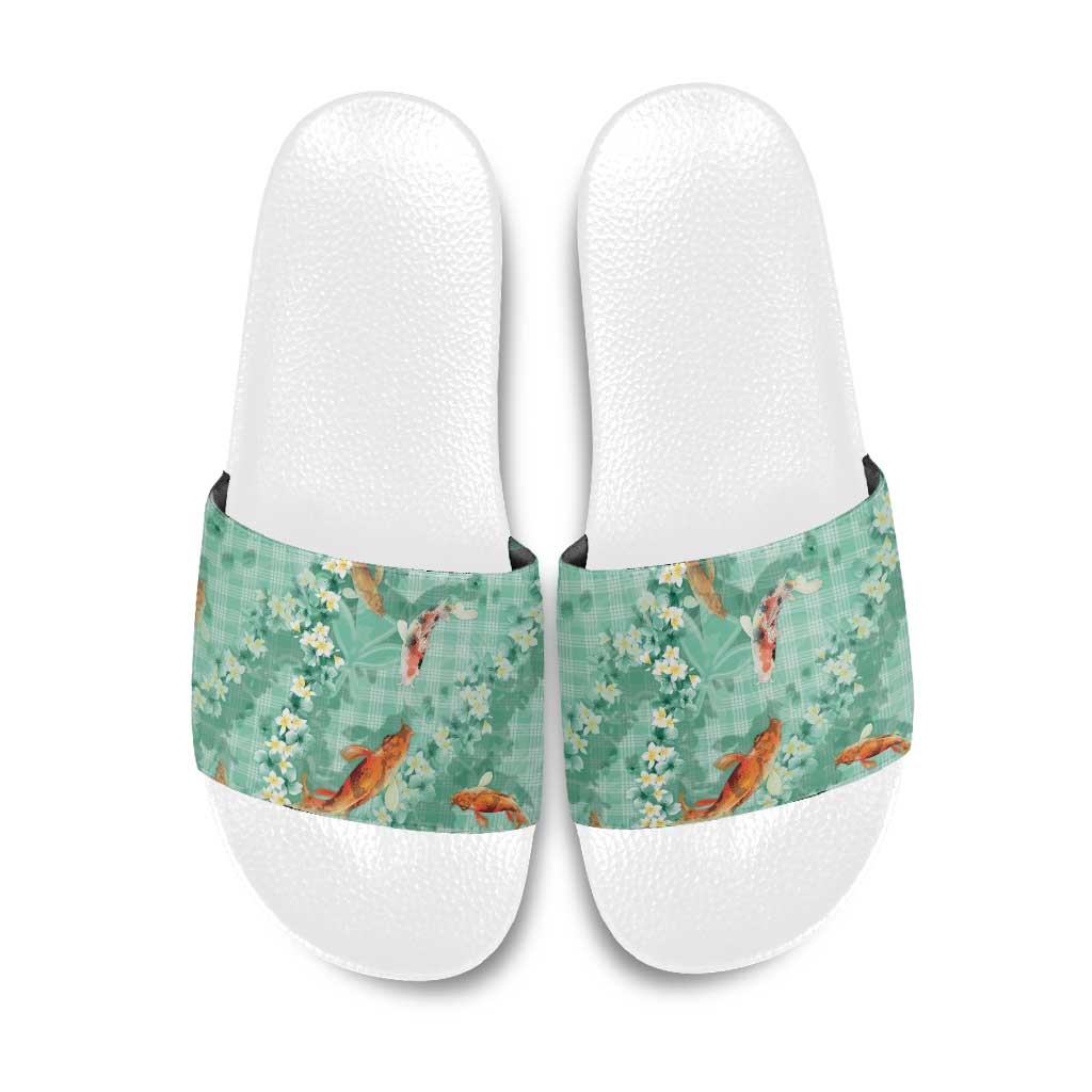 Green Palaka Hawaiian And Japanese Slide Sandals Sakura Lei With Koi Fish - Polynesian Pride