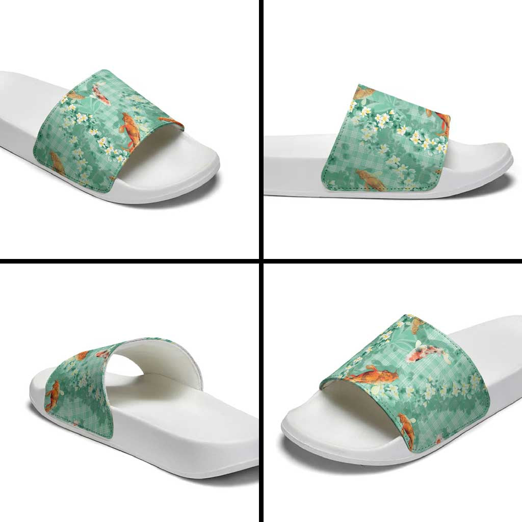 Green Palaka Hawaiian And Japanese Slide Sandals Sakura Lei With Koi Fish - Polynesian Pride