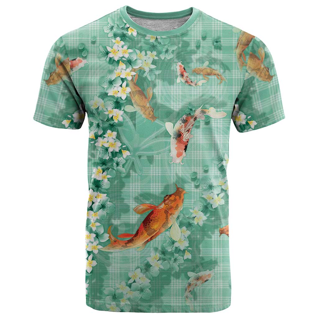 Green Palaka Hawaiian And Japanese T Shirt Sakura Lei With Koi Fish - Polynesian Pride