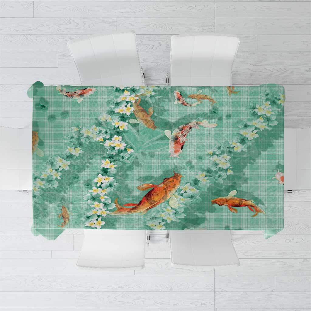 Green Palaka Hawaiian And Japanese Tablecloth Sakura Lei With Koi Fish - Polynesian Pride