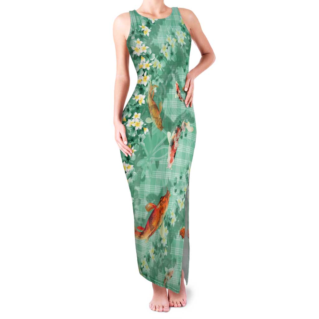Green Palaka Hawaiian And Japanese Tank Maxi Dress Sakura Lei With Koi Fish - Polynesian Pride