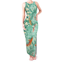 Green Palaka Hawaiian And Japanese Tank Maxi Dress Sakura Lei With Koi Fish - Polynesian Pride