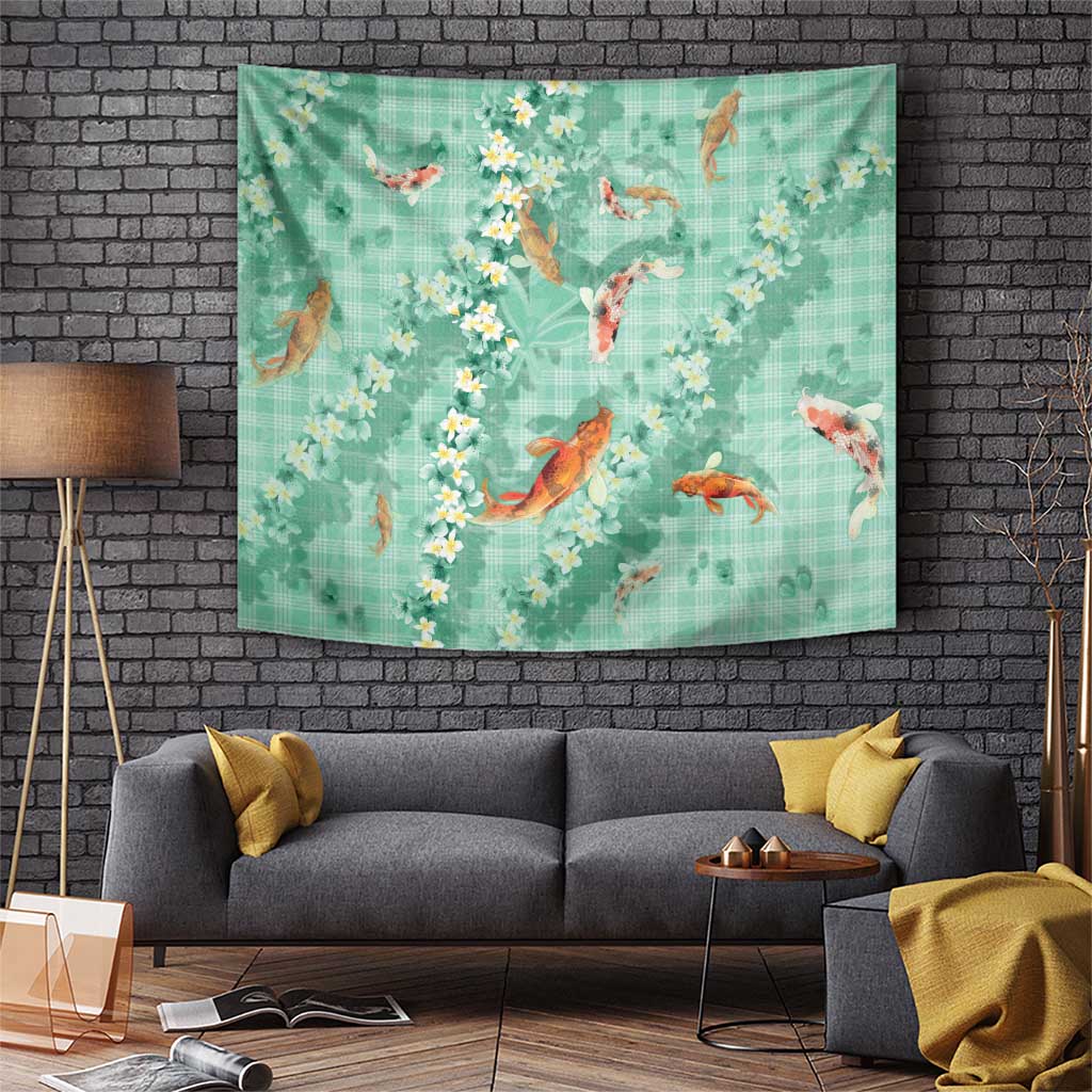Green Palaka Hawaiian And Japanese Tapestry Sakura Lei With Koi Fish - Polynesian Pride