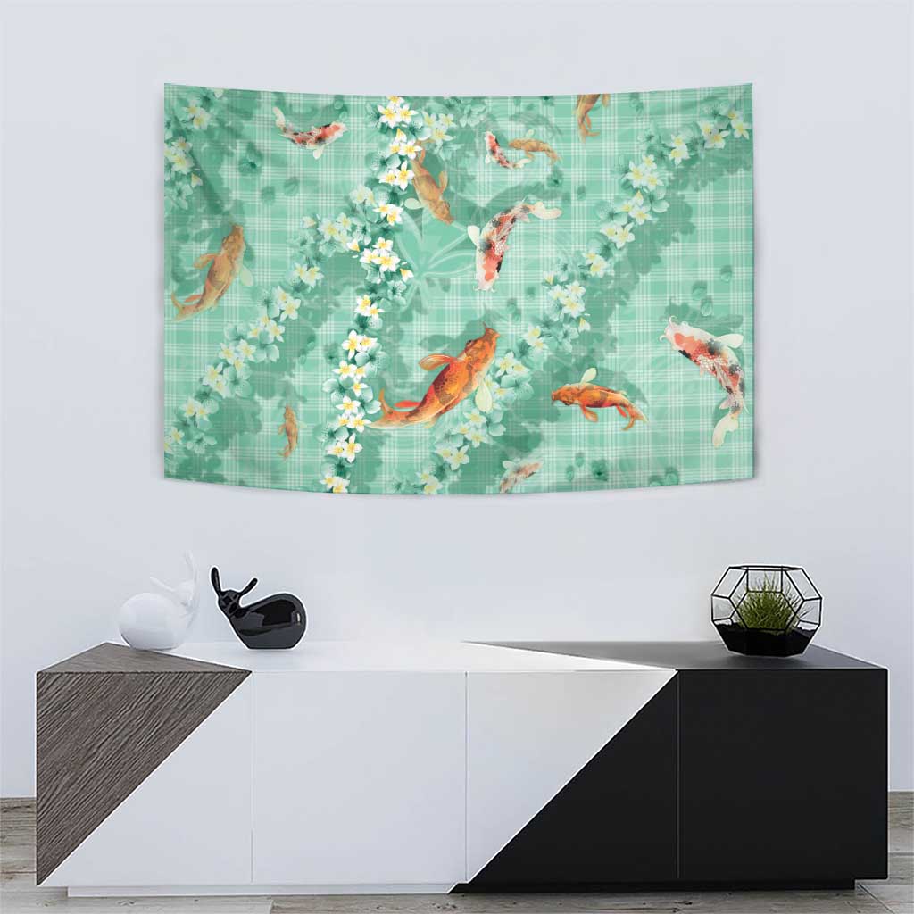Green Palaka Hawaiian And Japanese Tapestry Sakura Lei With Koi Fish - Polynesian Pride