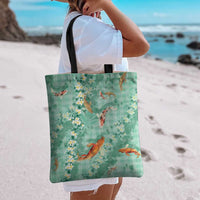 Green Palaka Hawaiian And Japanese Tote Bag Sakura Lei With Koi Fish - Polynesian Pride