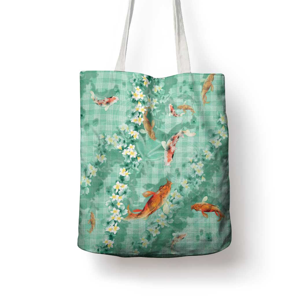 Green Palaka Hawaiian And Japanese Tote Bag Sakura Lei With Koi Fish - Polynesian Pride