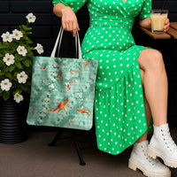 Green Palaka Hawaiian And Japanese Tote Bag Sakura Lei With Koi Fish - Polynesian Pride