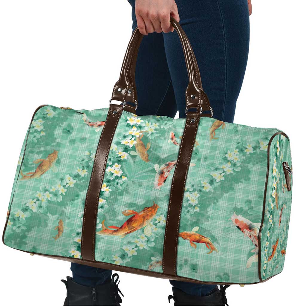 Green Palaka Hawaiian And Japanese Travel Bag Sakura Lei With Koi Fish - Polynesian Pride
