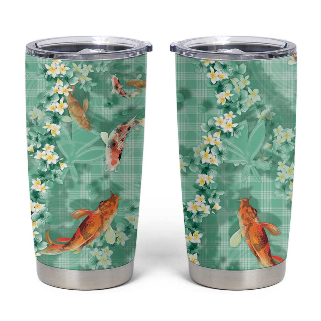 Green Palaka Hawaiian And Japanese Tumbler Cup Sakura Lei With Koi Fish - Polynesian Pride