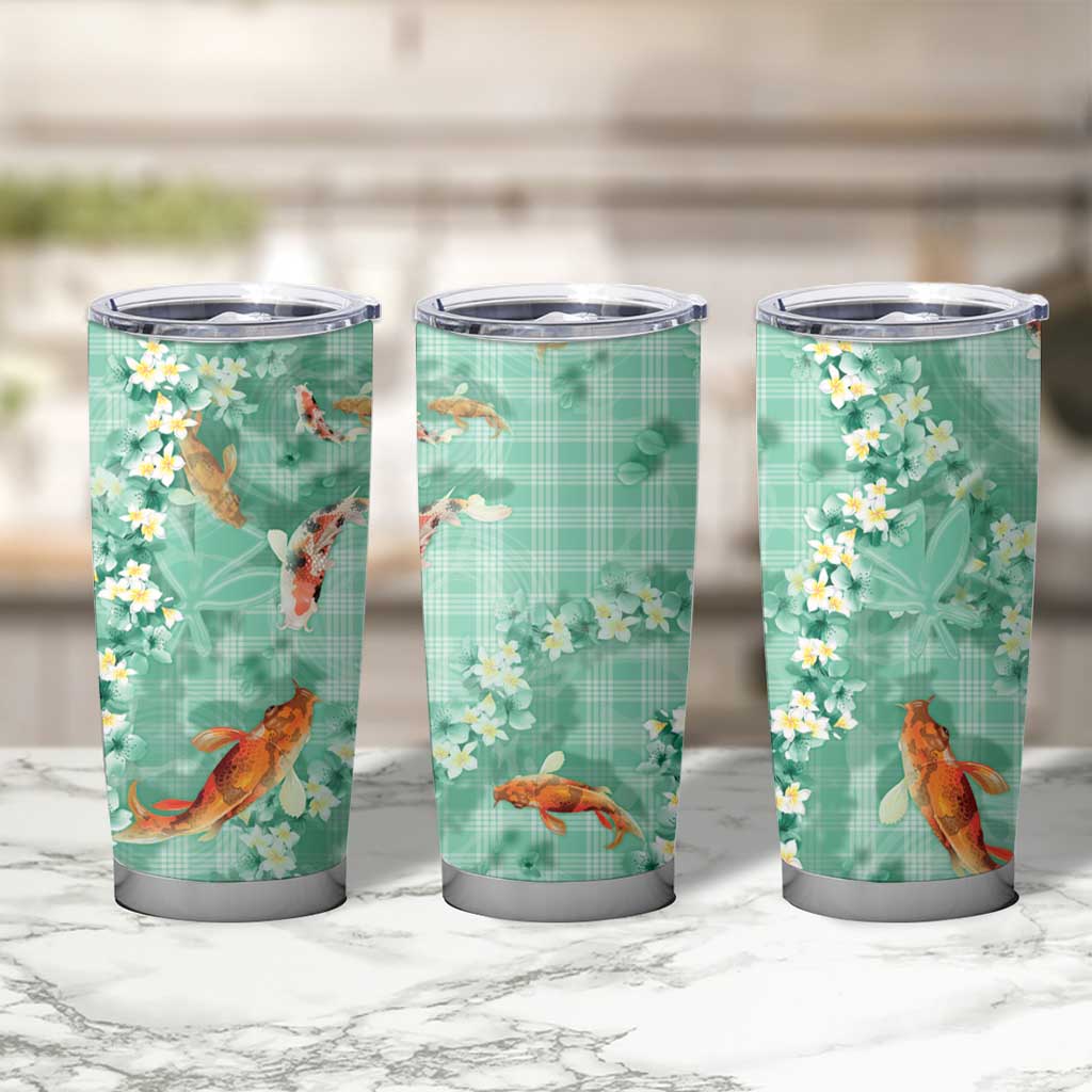 Green Palaka Hawaiian And Japanese Tumbler Cup Sakura Lei With Koi Fish - Polynesian Pride