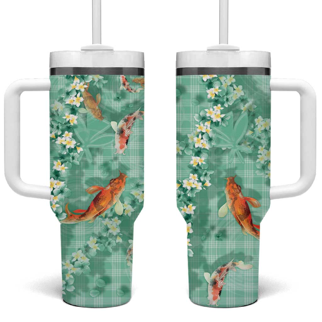 Green Palaka Hawaiian And Japanese Tumbler With Handle Sakura Lei With Koi Fish - Polynesian Pride