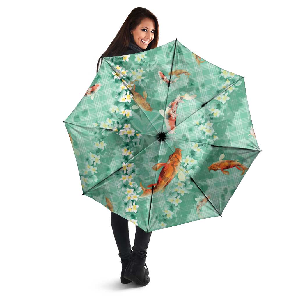 Green Palaka Hawaiian And Japanese Umbrella Sakura Lei With Koi Fish - Polynesian Pride