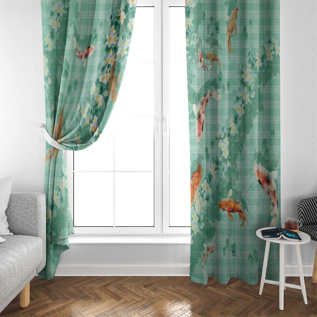 Green Palaka Hawaiian And Japanese Window Curtain Sakura Lei With Koi Fish - Polynesian Pride