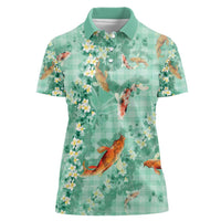 Green Palaka Hawaiian And Japanese Women Polo Shirt Sakura Lei With Koi Fish - Polynesian Pride