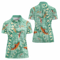 Green Palaka Hawaiian And Japanese Women Polo Shirt Sakura Lei With Koi Fish - Polynesian Pride
