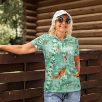 Green Palaka Hawaiian And Japanese Women Polo Shirt Sakura Lei With Koi Fish - Polynesian Pride