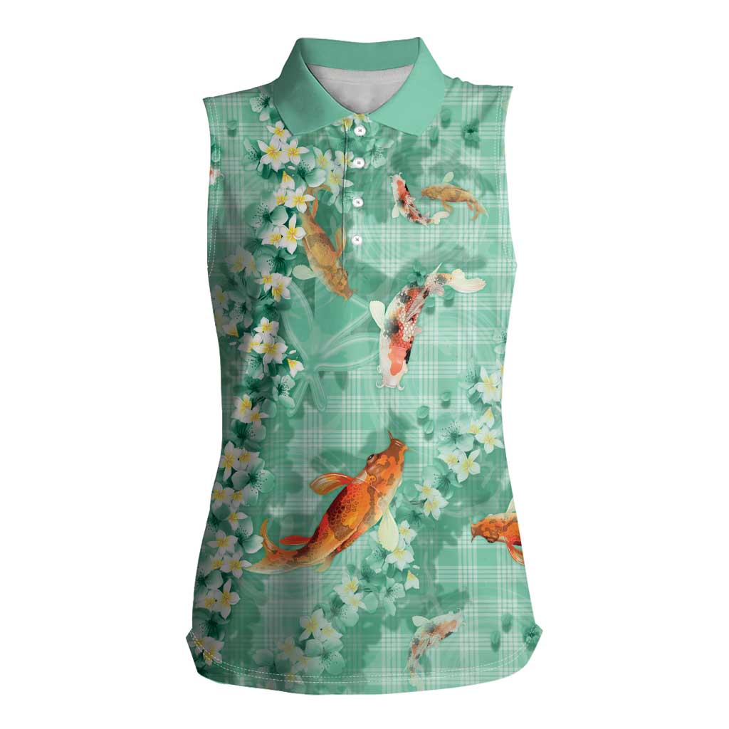 Green Palaka Hawaiian And Japanese Women Sleeveless Polo Shirt Sakura Lei With Koi Fish - Polynesian Pride