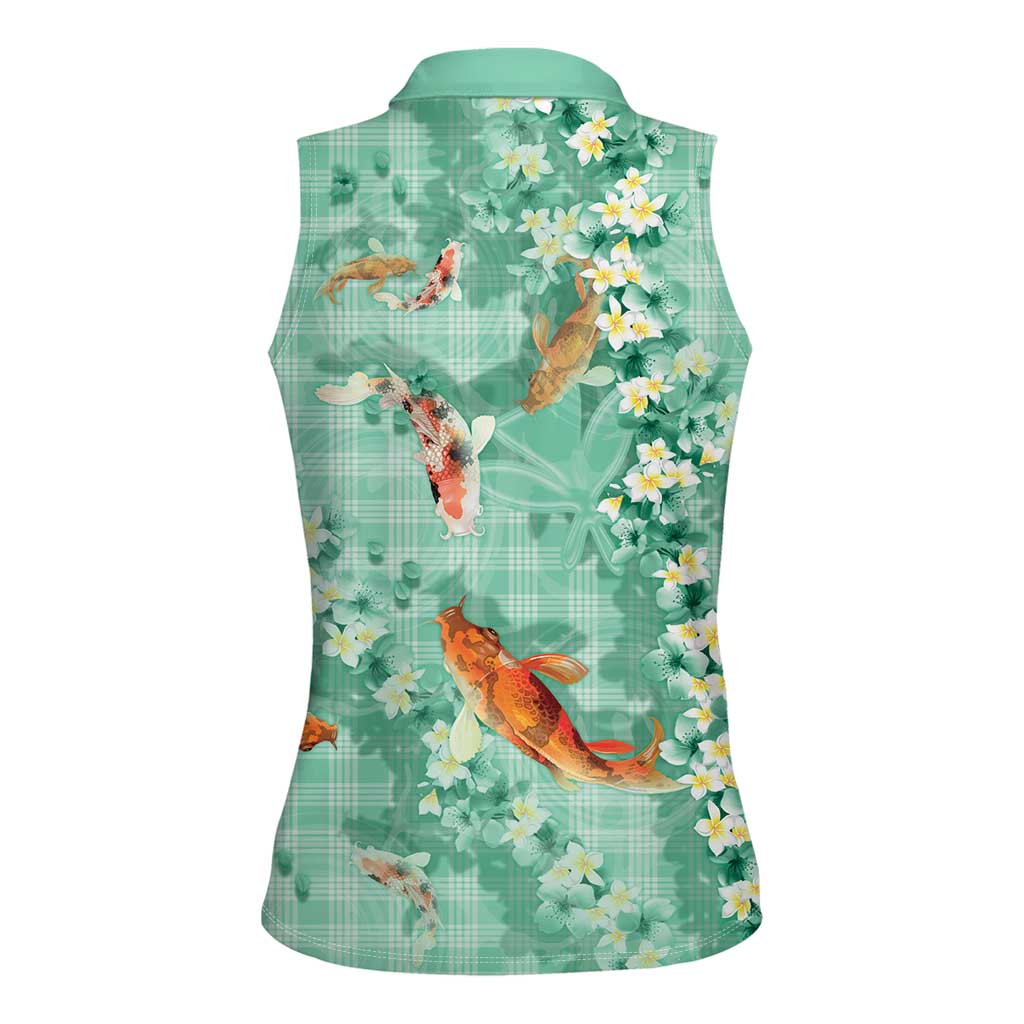 Green Palaka Hawaiian And Japanese Women Sleeveless Polo Shirt Sakura Lei With Koi Fish - Polynesian Pride