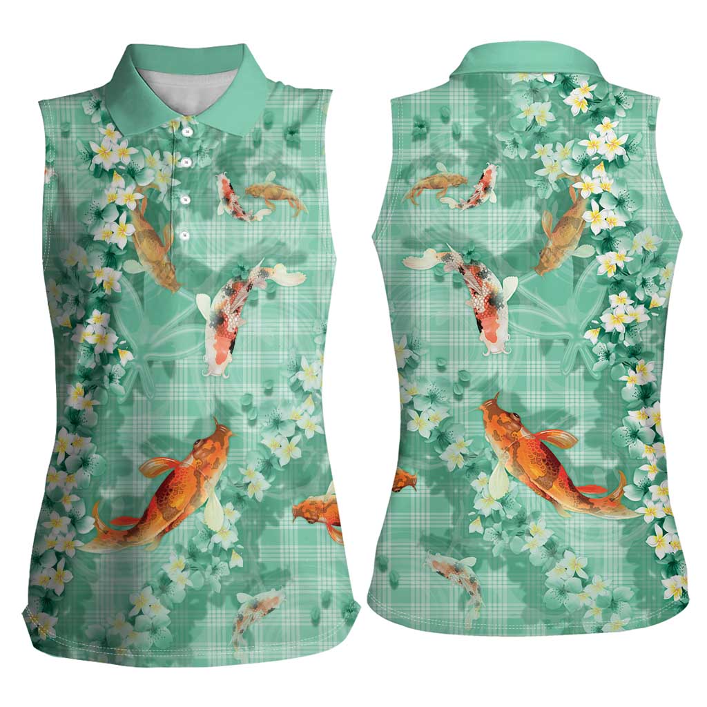 Green Palaka Hawaiian And Japanese Women Sleeveless Polo Shirt Sakura Lei With Koi Fish - Polynesian Pride