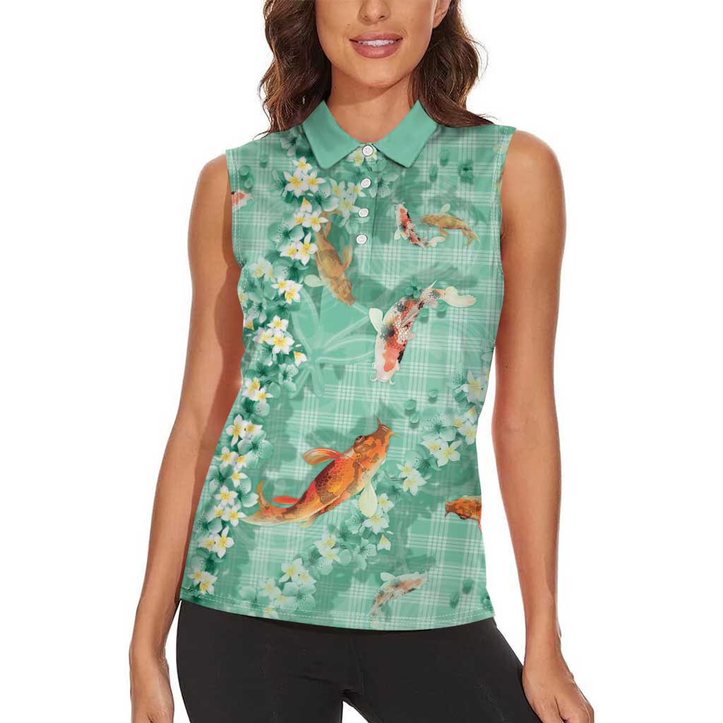 Green Palaka Hawaiian And Japanese Women Sleeveless Polo Shirt Sakura Lei With Koi Fish - Polynesian Pride