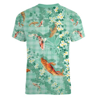 Green Palaka Hawaiian And Japanese Women V-Neck T-Shirt Sakura Lei With Koi Fish - Polynesian Pride